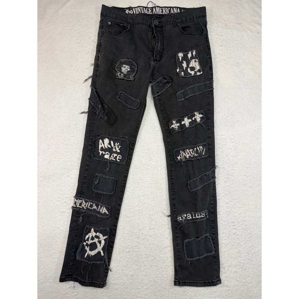 Vintage Americana Mens Black Distressed Patch Punk Anarchy Jeans 36x33